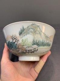 A fine Chinese qianjiang cai 'mountainous river landscape' bowl, signed Cheng Men 程門, Guangxu mark, dated 1887
