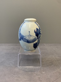 A Chinese blue and white 'ladies playing go' tea caddy and cover, Kangxi