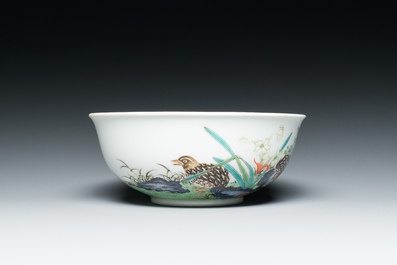 A Chinese famille rose 'quails' bowl, Yongzheng mark, 20th C.