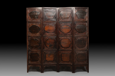 A Chinese four-fold wooden room divider with famille rose 'Romance of the Western Chamber' plaques, Republic