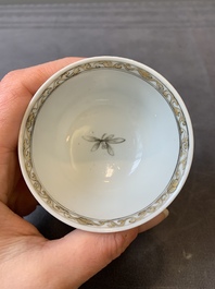 A Chinese blue-enamelled gilt-decorated grisaille cup and saucer, Yongzheng