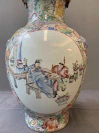 A Chinese famille rose 'millefleurs' vase mounted as lamp, Qianlong mark, Republic
