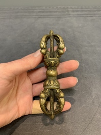 Three Tibetan bronze vajra and a copper incense burner, 18/20th C.