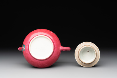 A Chinese famille rose ruby-ground 'landscape scroll' teapot, Yongzheng