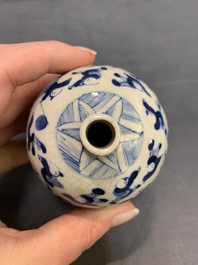 A pair of Chinese blue and white soft paste '100 boys' covered jarlets and a seal paste box, Kangxi mark, 19th C.