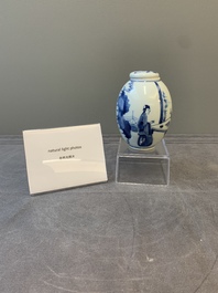A Chinese blue and white 'ladies playing go' tea caddy and cover, Kangxi