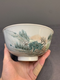A fine Chinese qianjiang cai 'mountainous river landscape' bowl, signed Cheng Men 程門, Guangxu mark, dated 1887