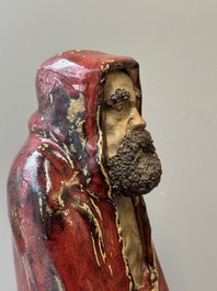 A Chinese Shiwan flamb&eacute;-glazed figure of a Luohan, Deng 邓 seal mark, dated 1927