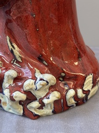 A Chinese Shiwan flamb&eacute;-glazed figure of a Luohan, Deng 邓 seal mark, dated 1927