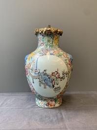 A Chinese famille rose 'millefleurs' vase mounted as lamp, Qianlong mark, Republic