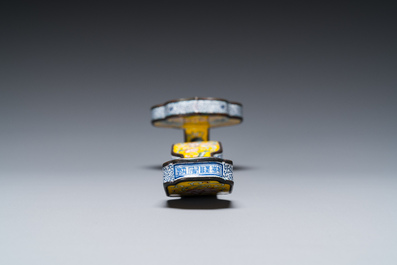 A Chinese Beijing enamel yellow-ground 'bajixiang' ruyi sceptre, Qianlong mark, 19/20th C.