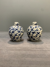 A pair of Chinese blue and white soft paste '100 boys' covered jarlets and a seal paste box, Kangxi mark, 19th C.