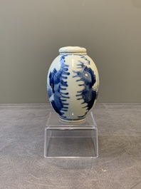 A Chinese blue and white 'ladies playing go' tea caddy and cover, Kangxi