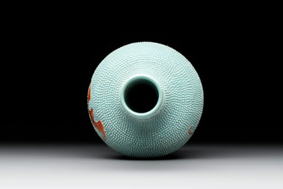 A Chinese iron-red-decorated turquoise-ground bottle vase with bats, Qianlong mark, 20th C.