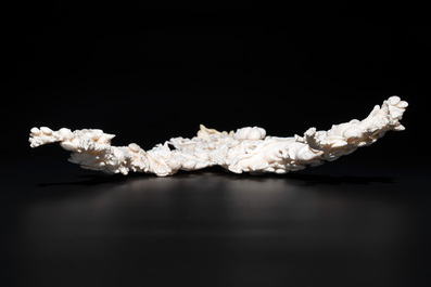 A Chinese white coral group of goddesses on wooden stand, 19/20th C.