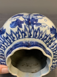 A Chinese blue and white 'fruiting vines and a squirrel' melon-shaped  jar, Ming