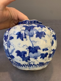 A Chinese blue and white 'fruiting vines and a squirrel' melon-shaped  jar, Ming
