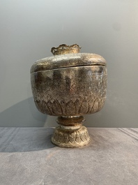 A Chinese silver bowl and cover on lotus-shaped stand, Li Hehe 李和合 and Zuyin 足銀 mark, 19th C.