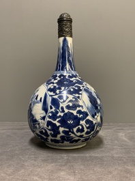 A Chinese blue and white silver-mounted 'landscape' bottle vase, Kangxi