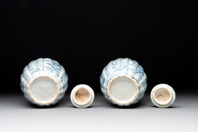 A pair of Chinese blue and white jarlets and covers with figural and floral design, Wanli
