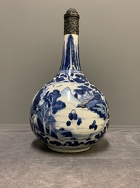 A Chinese blue and white silver-mounted 'landscape' bottle vase, Kangxi
