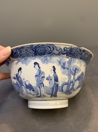 A Chinese blue and white 'San Niang Jiao Zi 三娘教子' 'klapmuts' bowl, Chenghua mark, Kangxi