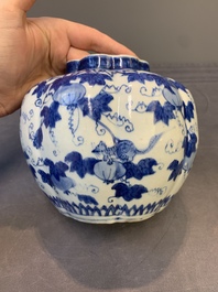 A Chinese blue and white 'fruiting vines and a squirrel' melon-shaped  jar, Ming