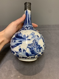 A Chinese blue and white silver-mounted 'landscape' bottle vase, Kangxi