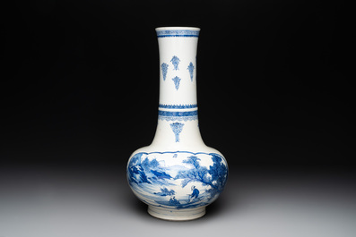 A Chinese blue and white 'fishermen' bottle vase, signed Xiaoshan 曉山, artemisia leaf mark, Kangxi