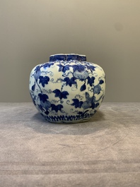 A Chinese blue and white 'fruiting vines and a squirrel' melon-shaped  jar, Ming