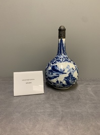 A Chinese blue and white silver-mounted 'landscape' bottle vase, Kangxi