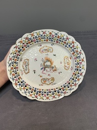A Chinese export famille rose reticulated oval dish, inscribed Non Majestate Securus, ca. 1800