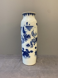 A fine Chinese blue and white sleeve vase with narrative design, Transitional period