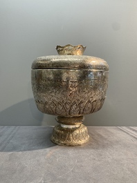 A Chinese silver bowl and cover on lotus-shaped stand, Li Hehe 李和合 and Zuyin 足銀 mark, 19th C.