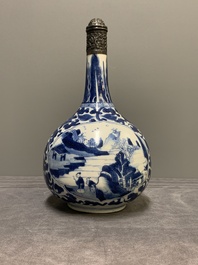 A Chinese blue and white silver-mounted 'landscape' bottle vase, Kangxi