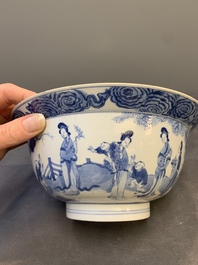 A Chinese blue and white 'San Niang Jiao Zi 三娘教子' 'klapmuts' bowl, Chenghua mark, Kangxi