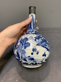 A Chinese blue and white silver-mounted 'landscape' bottle vase, Kangxi