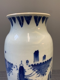A fine Chinese blue and white sleeve vase with narrative design, Transitional period