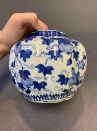 A Chinese blue and white 'fruiting vines and a squirrel' melon-shaped  jar, Ming