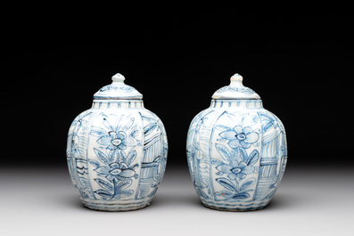 A pair of Chinese blue and white jarlets and covers with figural and floral design, Wanli