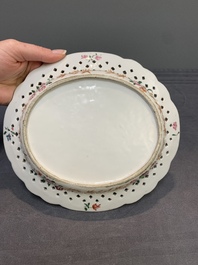 A Chinese export famille rose reticulated oval dish, inscribed Non Majestate Securus, ca. 1800