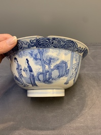 A Chinese blue and white 'San Niang Jiao Zi 三娘教子' 'klapmuts' bowl, Chenghua mark, Kangxi