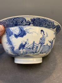 A Chinese blue and white 'San Niang Jiao Zi 三娘教子' 'klapmuts' bowl, Chenghua mark, Kangxi