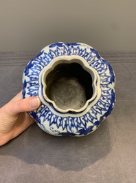 A Chinese blue and white 'fruiting vines and a squirrel' melon-shaped  jar, Ming