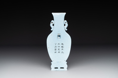 A Chinese copper-red-decorated lavender-blue ground wall pocket vase, 18/19th C.