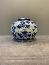 A Chinese blue and white 'fruiting vines and a squirrel' melon-shaped  jar, Ming