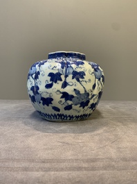 A Chinese blue and white 'fruiting vines and a squirrel' melon-shaped  jar, Ming