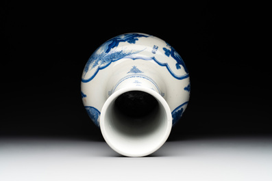 A Chinese blue and white 'fishermen' bottle vase, signed Xiaoshan 曉山, artemisia leaf mark, Kangxi