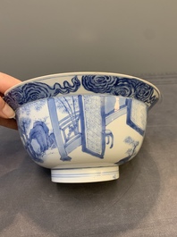 A Chinese blue and white 'San Niang Jiao Zi 三娘教子' 'klapmuts' bowl, Chenghua mark, Kangxi