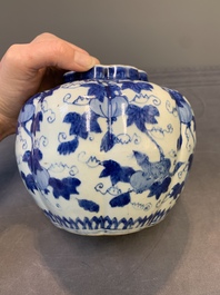 A Chinese blue and white 'fruiting vines and a squirrel' melon-shaped  jar, Ming